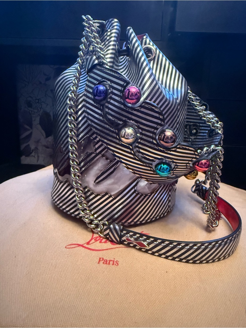 Christian Louboutin Black & Silver Striped Mini Bucket Bag with Multicolor Studs